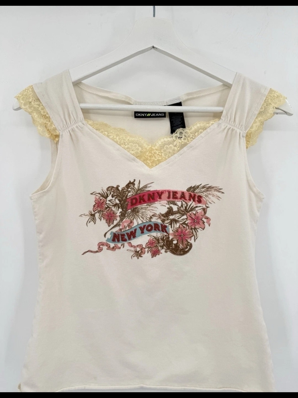 Vinatage Y2k Dkny Cream Lace-Trim Floral Graphic Camisole